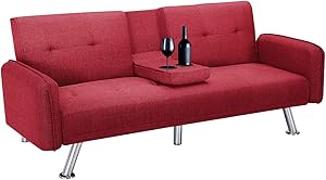 Futon Sofa Bed with Cup Holders, 3 Angles Adjustable Convertible Sleeper Sofa, Loveseat with 5 Metal Legs, Modern Couch Sofa for Living Room (Red)