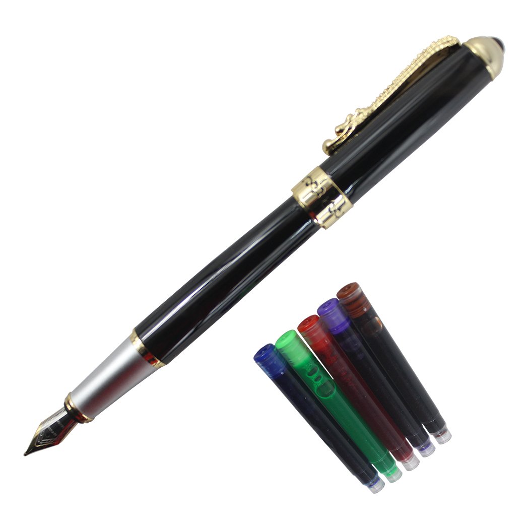 Mother of Pearl White Fountain Pen Golden Dragon Ruby Eye Noblest with Push in Style Ink Converter penna nera set