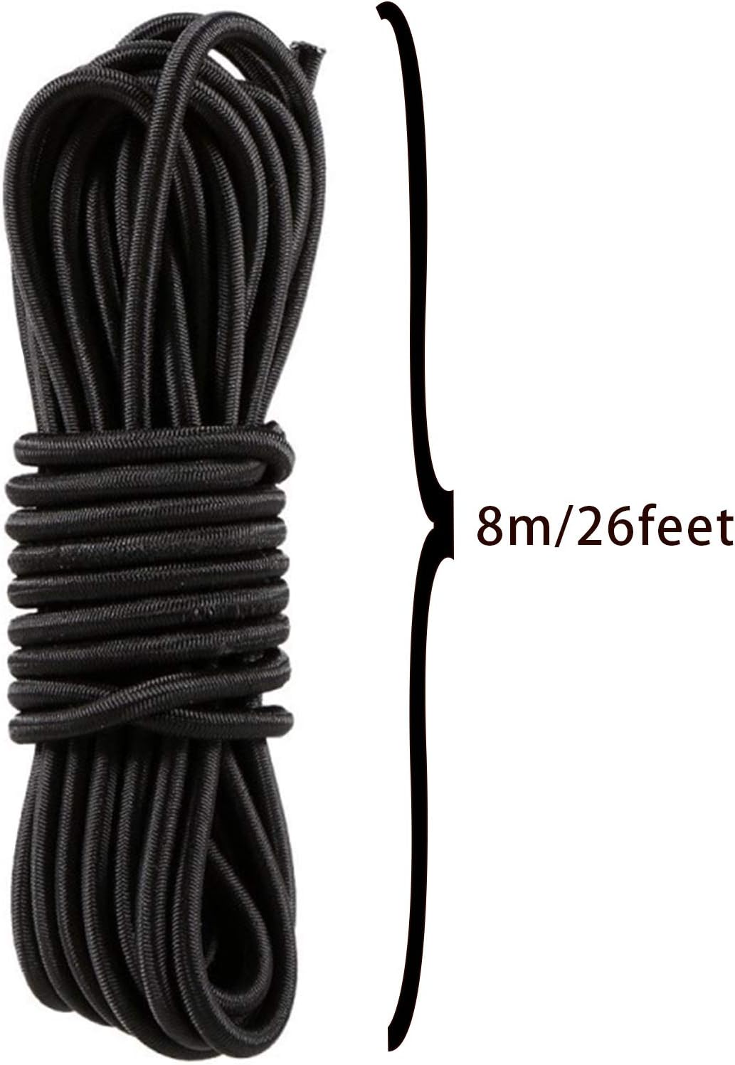 1/4'' Elastic Bungee Shock Cord, 26 Feet Adjustable Black Elastic Tie Down with 12 Bungee Shock Cord Hook and 6 Ball Bungee Cords for Roof Racks, Bikes, Kayaking, Camping (26 Feet) - - 