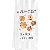 Funny Kitchen Towels, Farmhouse Home Decorative Dishcloth - A Balanced Diet Means a Cookie in Each Hand, Waffle Hand Towel Baking Gifts for Women, Cooking Lovers, Baker Gift