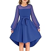 grewley Girls Dresses Puff Long Sleeve Mesh A Line Casual Formal Party Dresses Belted Dress with Pockets 5-14 Years