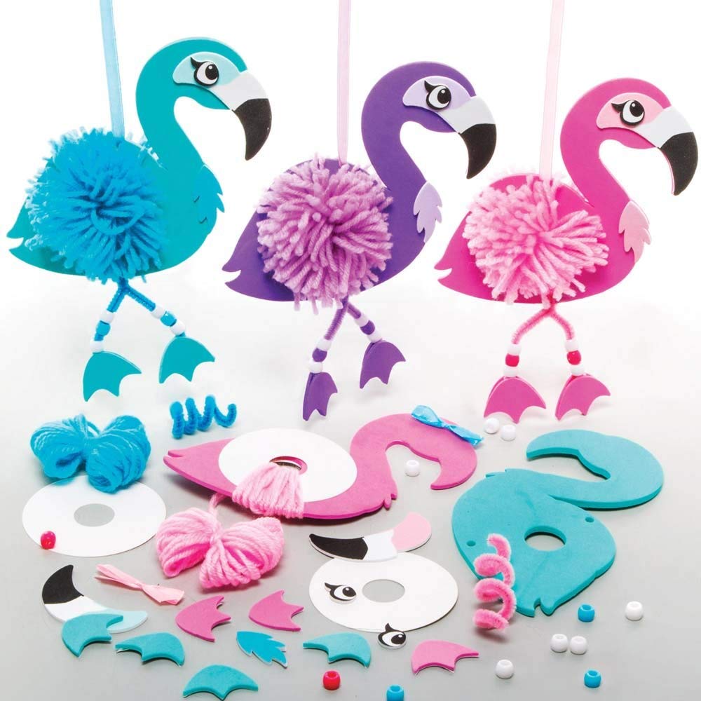 Baker Ross FE140 Flamingo Craft Pom Pom Kits - Pack of 3, Childrens Art Make Your Own Fluffy Pom Friend