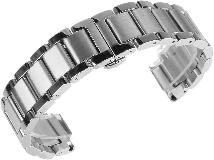 2 Tone Double Button Stainless Steel Watch Band Strap Replacement with Adjustable Links Silver