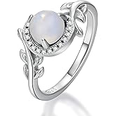 MILKYX Genuine Moonstone Leaf Ring for Women, 925 Sterling Silver Round Moonstone Statement Ring, Adjustable Bohemian Jewelry Gift for Her