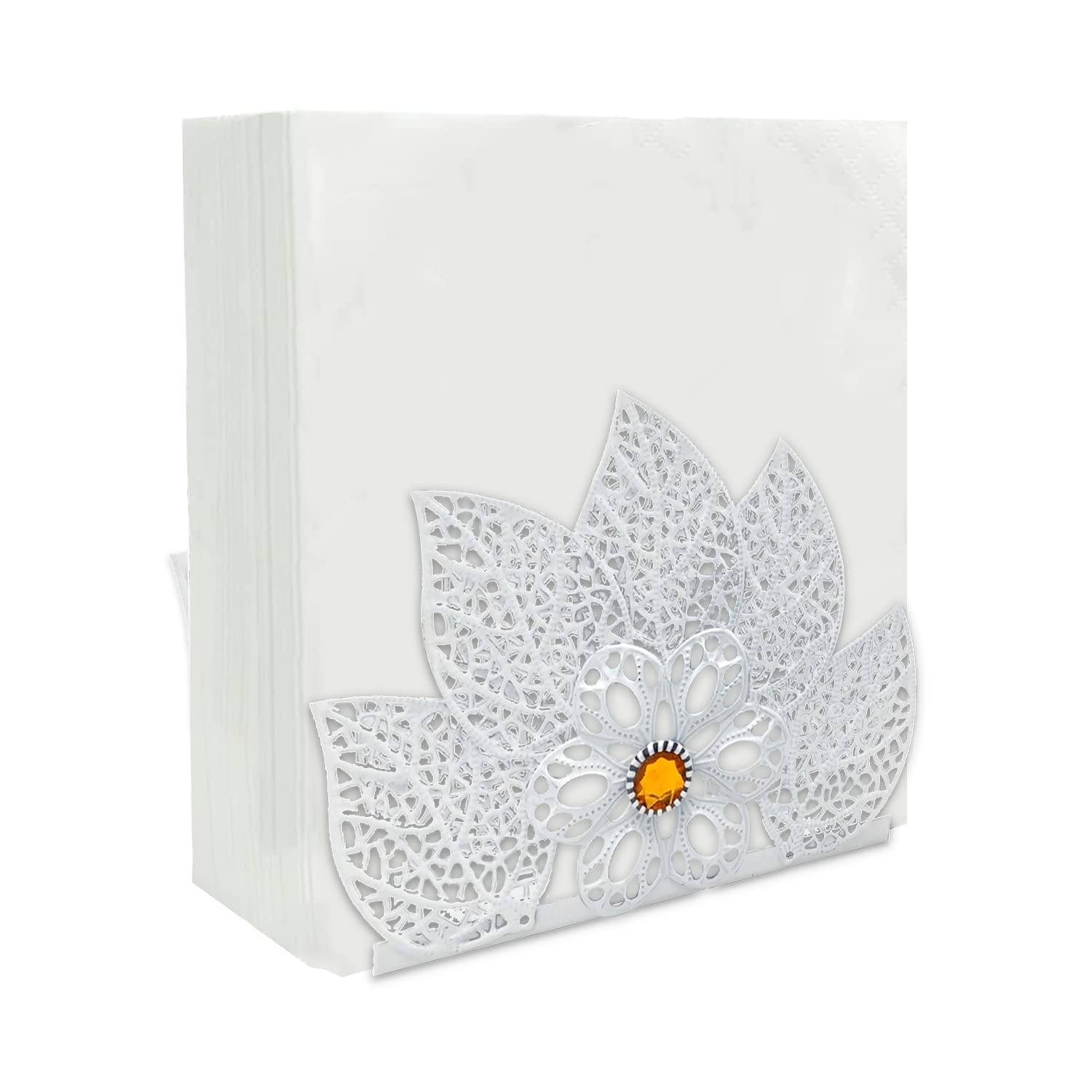 WUBAYI Stainless Steel Napkin Holder - Vertical Standing Table Holder for Kitchen Restaurant - Decorative White Finish with Leaves & Diamonds Design - Indoor Outdoor Use for Home Cafe Picnic