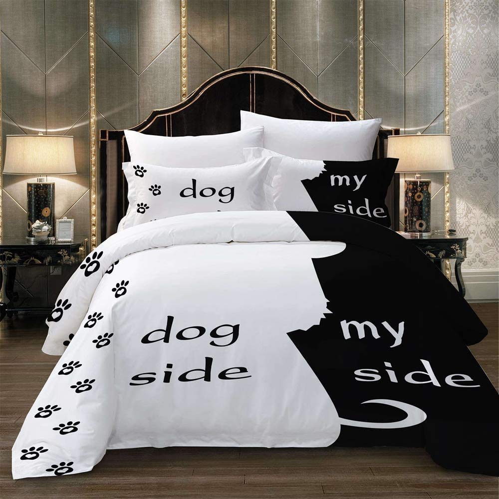 Loussiesd Black White Duvet Cover Set Double Size Dog Side My Side Bedding Set Simple Themed Decor Modern Design Comforter Cover with 2 Pillow Shams Novelty Microfiber Zipper 3 Pieces Stylish