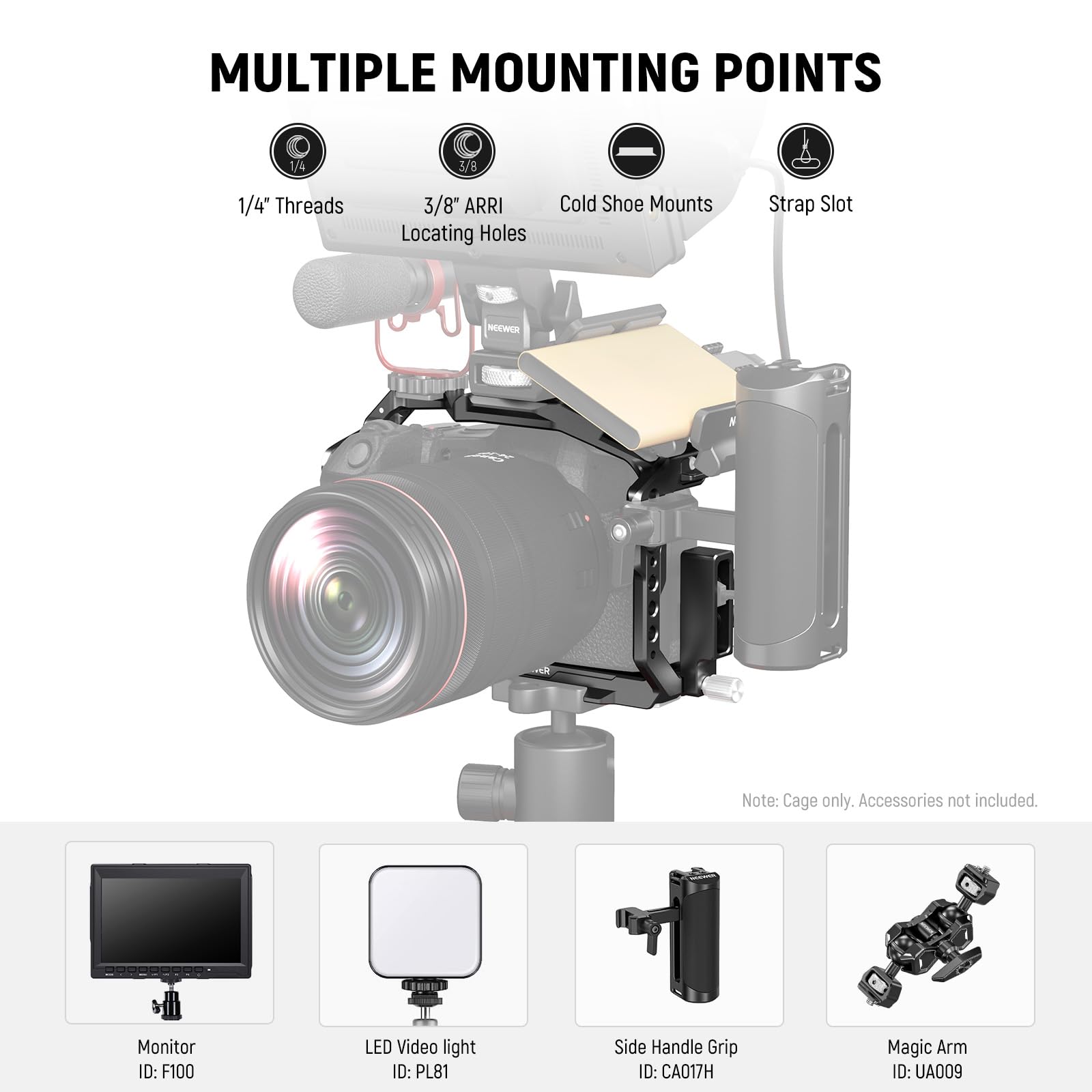 NEEWER EOS R8 Camera Cage, HDMI Cable Clamp, NATO Guide, Quick Release Ark Type Base, Anti-Torsion Screws, Aluminium Protective Video Rig Compatible with Canon R8 DJI RS 2 RSC 2 RS 3 Pro, CA039