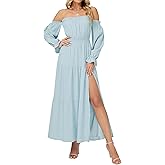 OULESIS Women Boho Maxi Dress Sexy Off Shoulder Long Sleeve Smocked Flowy Dresses A Line Tiered Sundress Slit Wedding Dress