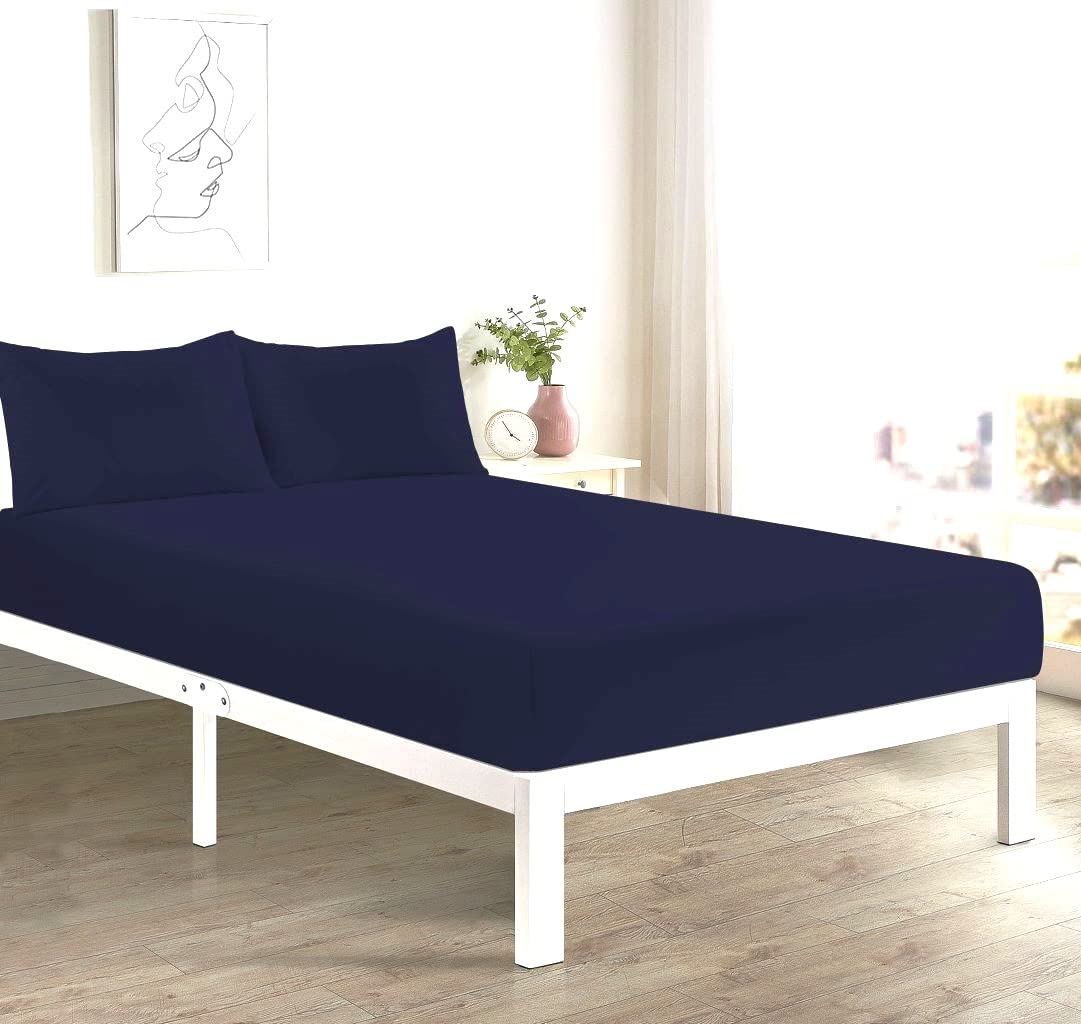 Comfort Collections Fitted Bed Sheet With FREE MATCHING 2 X PILLOW CASES Poly Cotton Percale Easy Care Plain Dyed Bed Sheet Navy Superking