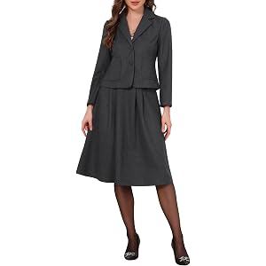 Allegra K Women Dressy Casual Notch Lapel Blazer Pleated Skirt Suit Set | Princess-line cut accentuates figure. Front patch p