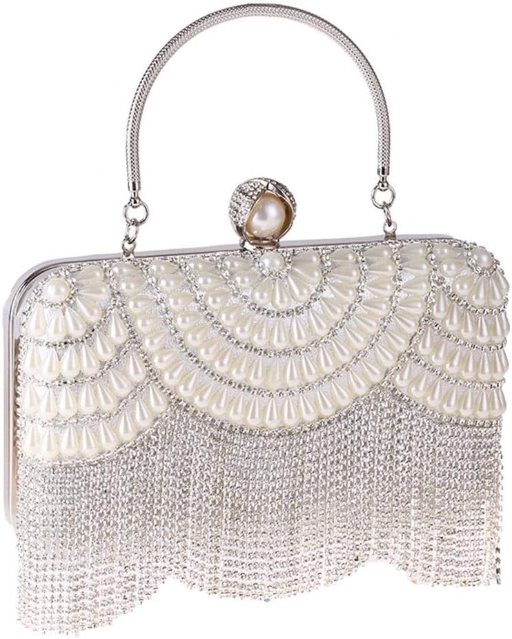 Carrier-bag Lady Ladies Fashion Fringe Rhinestone Evening Bag Artificial Banquet Pearl Party Wedding Bridal Crystal Clutches Bag Chain Shoulder Messenger Bag For Women handbag ( Color : Silver )