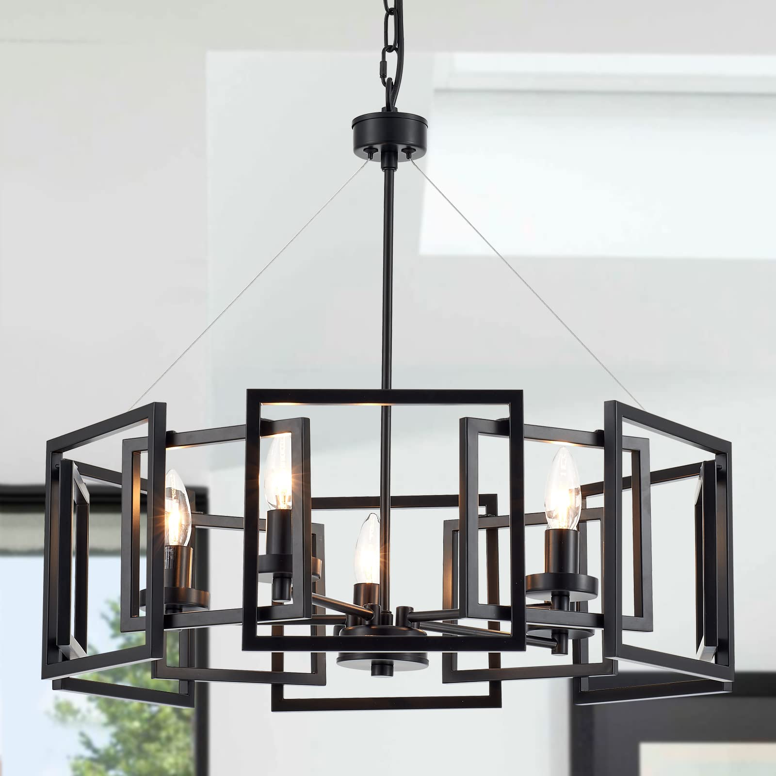 Photo 1 of MhyTogn Industrial Style Chandelier, with Matt Black Finish Geometric Shade Pendant Lighting Fixture for Dining Room Living Room Kitchen Island Bedroom 5-Light