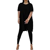 HBQ Womens 2 Piece Outfits Tracksuits Short Sleeve Tunic Tops Bodycon High Waist Leggings Pants