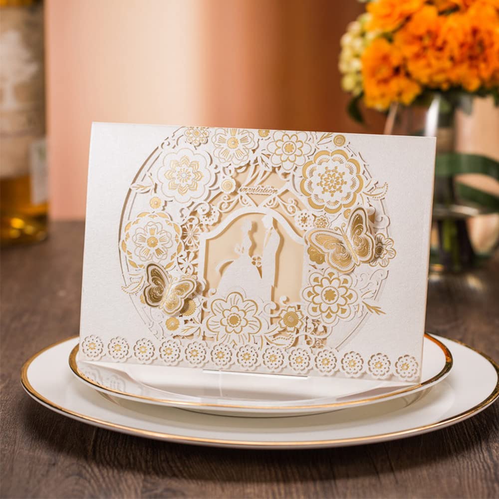 CYSKY Wedding Invitation Card 50 Pack Laser Cut Wedding Invitations Kit with Blank Printable Paper and Envelopes for Wedding, Engagement,Anniversary (White)