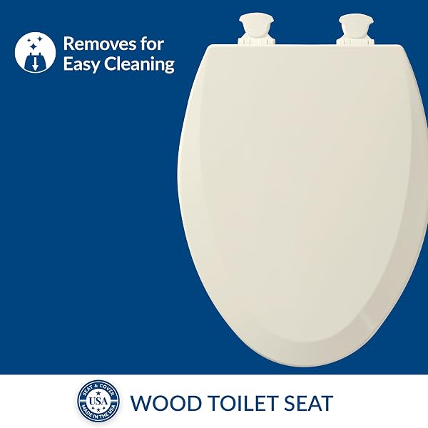 BEMIS 1500EC DURABLE WOOD TOILET SEAT WITH EASY CLEAN HINGES, MADE IN USA, ELONGATED, BISCUIT