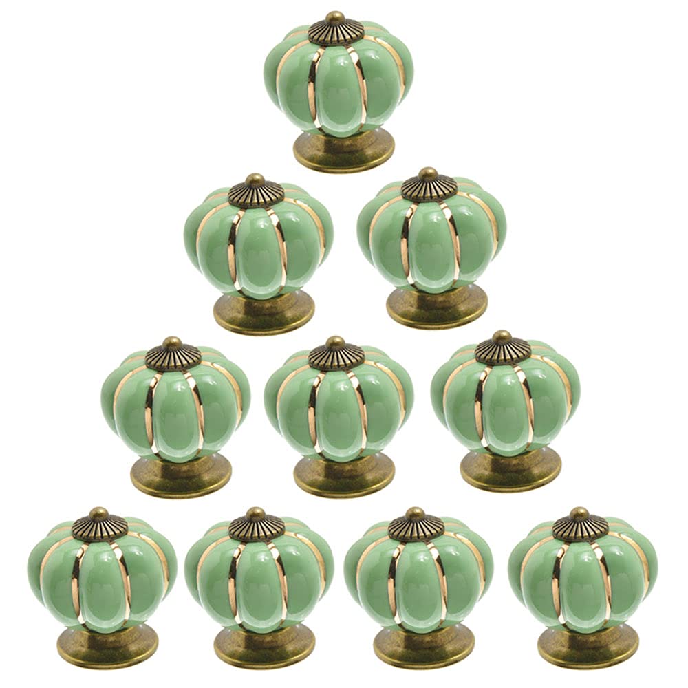 POFET 10pcs Ceramic Door Knobs Vintage Pumpkin Cabinet Drawer Pulls Cupboard Handles Furniture Home Decoratin Light Green