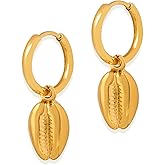 JeanBeau Gold Cowrie Shell Small Hoop Earrings for Women, Trendy Statement Seashell Dangling Huggie Earing Beach Summer Prom Jewelry Gift