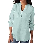 Womens 100% Cotton Tunic Long Sleeve V Neck Gauze Shirt Casual Work Lounge Blouse Tops