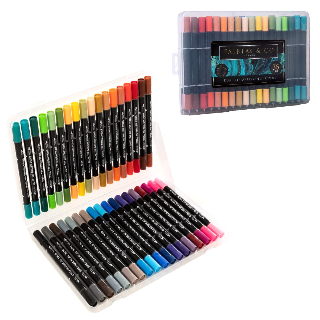 HTI Fairfax & Co Dual Tip Pens | 36 Piece Premium Quality Coloured Dual Tip Brush Pens in Storage Case Watercolour Brush Felt Tip Pen, Blendable, Water Based Ink Adults Drawing and Sketching