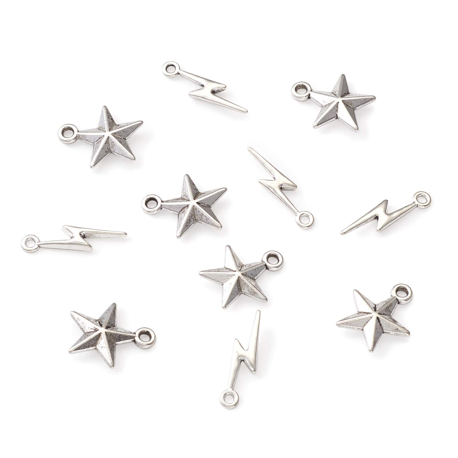 Craftdady 100pcs Antique Silver Star Lightning Bolt Pendants Charms Tibetan Alloy Celestial Flash Thunder Dangle Beads for DIY Jewellery Crafts Making
