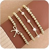 BXDA Gold Beaded Bow Heart Paperclip Pearls Stack Bracelet Set for Women, 4Pcs Handmade Golden Beads Pearl Stretchable Stackable Bracelets Party Jewelry Accessories Christmas Gift