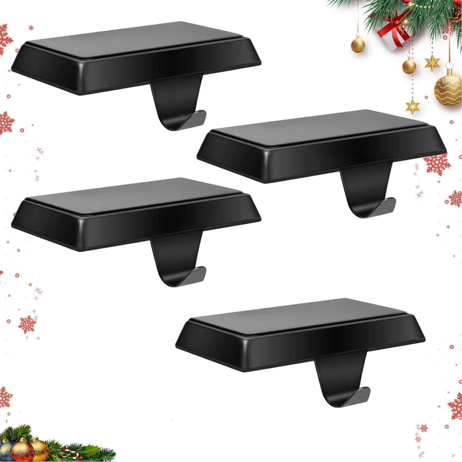 Guojanfon Christmas Stocking Holders Mantel Stocking Hangers Metal Hanging Hooks Stocking Holders Bases for Fireplace Free Standing Christmas Xmas Party Decoration (Black) (4 Black, 4)
