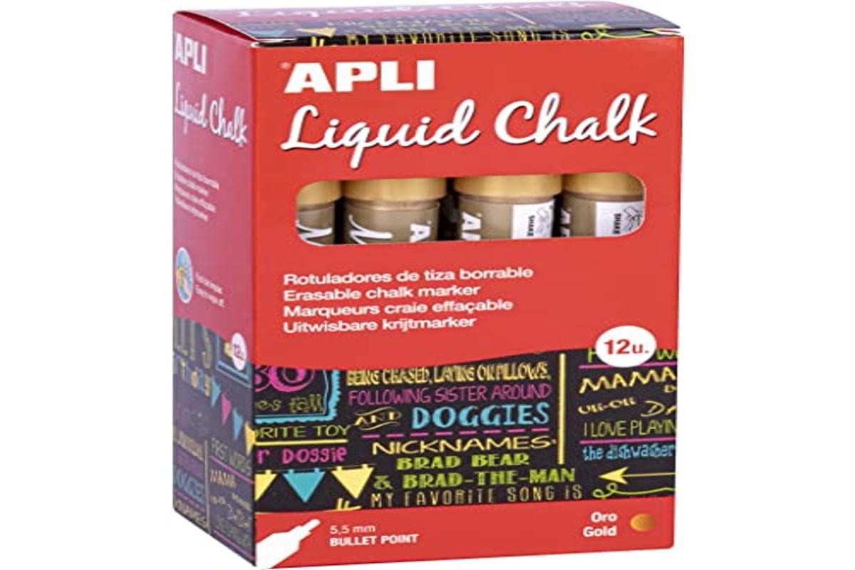 APLI 18041 – Erasable Chalk Markers, 5.5 mm, Liquid Chalk Round, Gold, Pack of 12