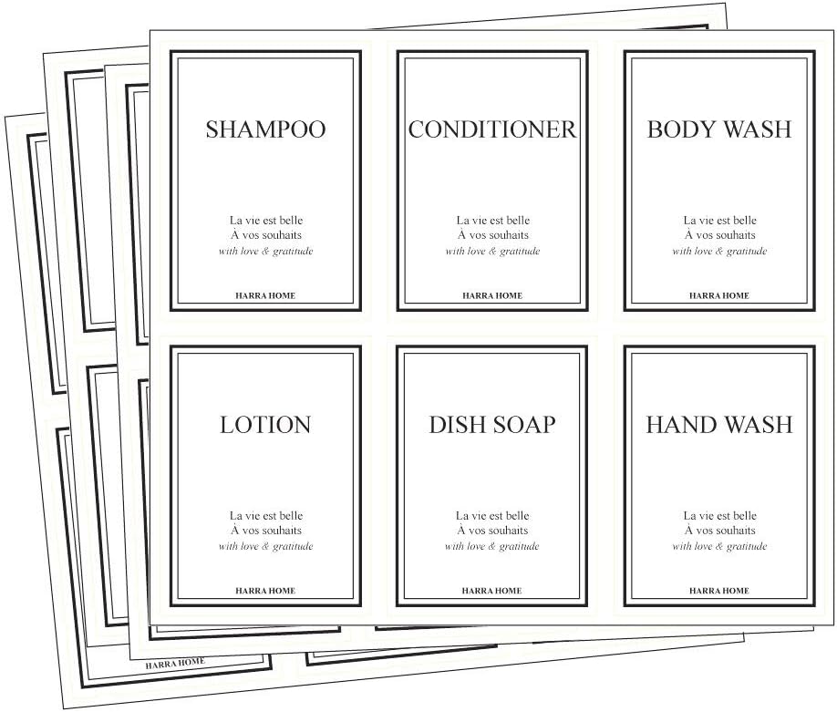 Beauty Bathroom Preprinted Labels, Water Resistant Organization labels, Sticker for Vanity Countertop, Kitchen, Pantry, Toiletry, 24 Dispenser Shampoo labels stickers waterproof (Pack of 2)