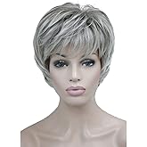 Aimole Short Layered Body Wave Wigs Synthetic Women's Wig Full Hair (48T Gray with Dark Root)