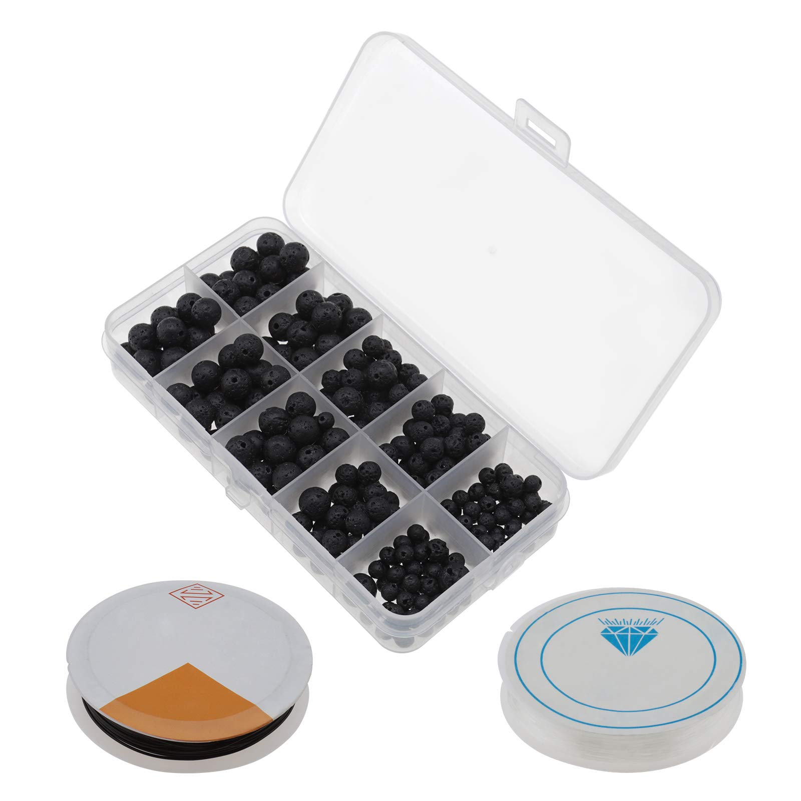 YINETTECH 300Pcs Black Natural Lava Stone Loose Beads Kit 4mm 6mm 8mm 10mm with 0.8mm Crystal Elastic Line Storage Box for Jewelry Making DIY Crafts