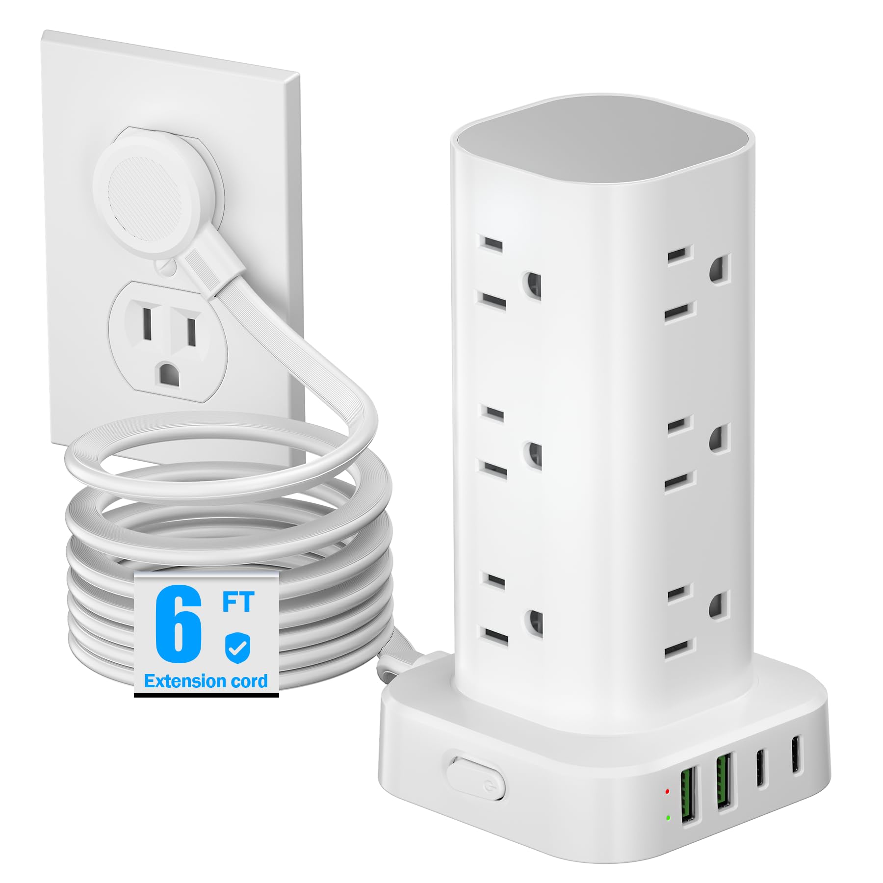 Photo 1 of Tower Power Strips with Surge Protection, 6FT Flat Extension Cord with Multiple Outlets, 12 AC 4 USB Ports, Overload Protection Charging Station for Office Home Dorm Room Travel (White)