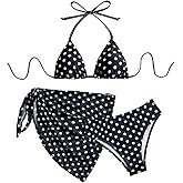 GORGLITTER Women's Polka Dots Bikini Set Halter Triangle High Cut Thong Bathing Suit Cute Swimsuit with Cover Up Skirts