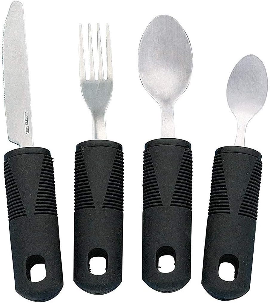 Homvare Adaptive Utensils (4-Piece Kitchen Set) Wide, Non-Weighted, Non-Slip Handles for Hand Tremors, Arthritis, Parkinson’s or Elderly Use - Stainless Steel Knife, Fork, Spoons: Home & Kitchen