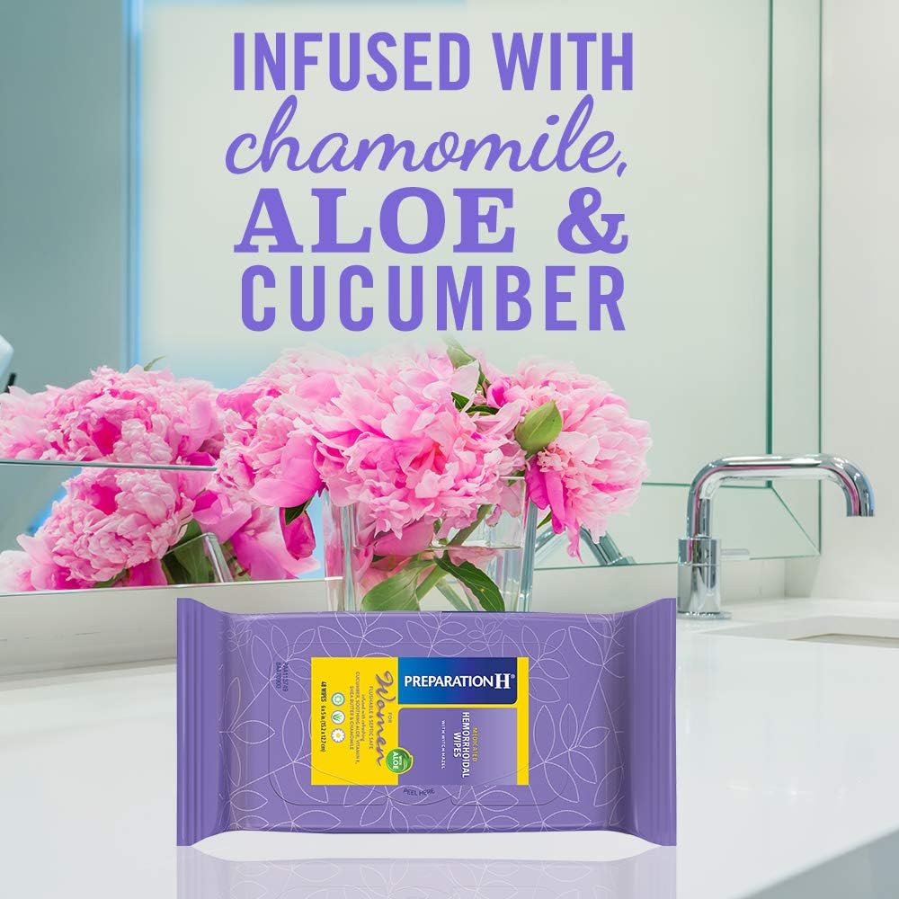 Preparation H Women’s Flushable Medicated Hemorrhoid Wipes, Burning and Itching Relief with Cucumber, Aloe, Vitamin E, Shea Butter and Chamomile, Package (48 Count): Health & Personal Care