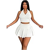 RoseSeek Women's 2 Piece Tennis Skirt Set Sleeveless Racerback Crop Tank Tops High Waisted Pleated Mini Skirt Outfits