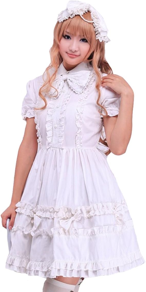 Amazon Co Jp Cosplayitem 白い蝶結びレースドレス ロリータ服 姫系 ロリ服 ロリータ Lolita ゴシック ロリ 半袖 パフスリーブ ワンピース ドレス 洋服 リボン 蝶結び フリル レース ギャル系 Gal系 サーフ系 白 服 ファッション小物