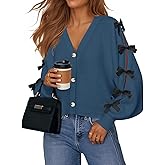 ZESICA Fall Bow Cardigans for Women Trendy 2026 Casual Long Sleeve Button V Neck Knit Sweater Outerwear Coats