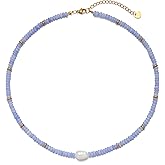 JURYLOO Beaded Necklace for Women, Colorful Gemstone Freshwater Pearl Choker Necklace 14K Gold Natural Stone Handmade Jewelry