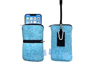 Tainada Men Women Cell Phone Neoprene Shockproof Zippered Sleeve Case Bag Pouch w/Clip, Neck Lanyard, Belt Loop Holster for iPhone 17 Pro Max,16 Plus,16e; Samsung S25+, S24 (Floral Pattern Turquoise)