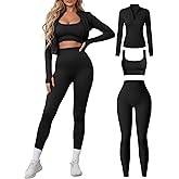 Simlakey Women 3 Piece Seamless Workout Set Sports Bra High Waisted Gym Yoga Leggings Zip Up Jacket with Thumbhole Activewear