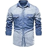LONGBIDA Mens Denim Shirt Button Down Long Sleeve Casual Slim Fit Shirts