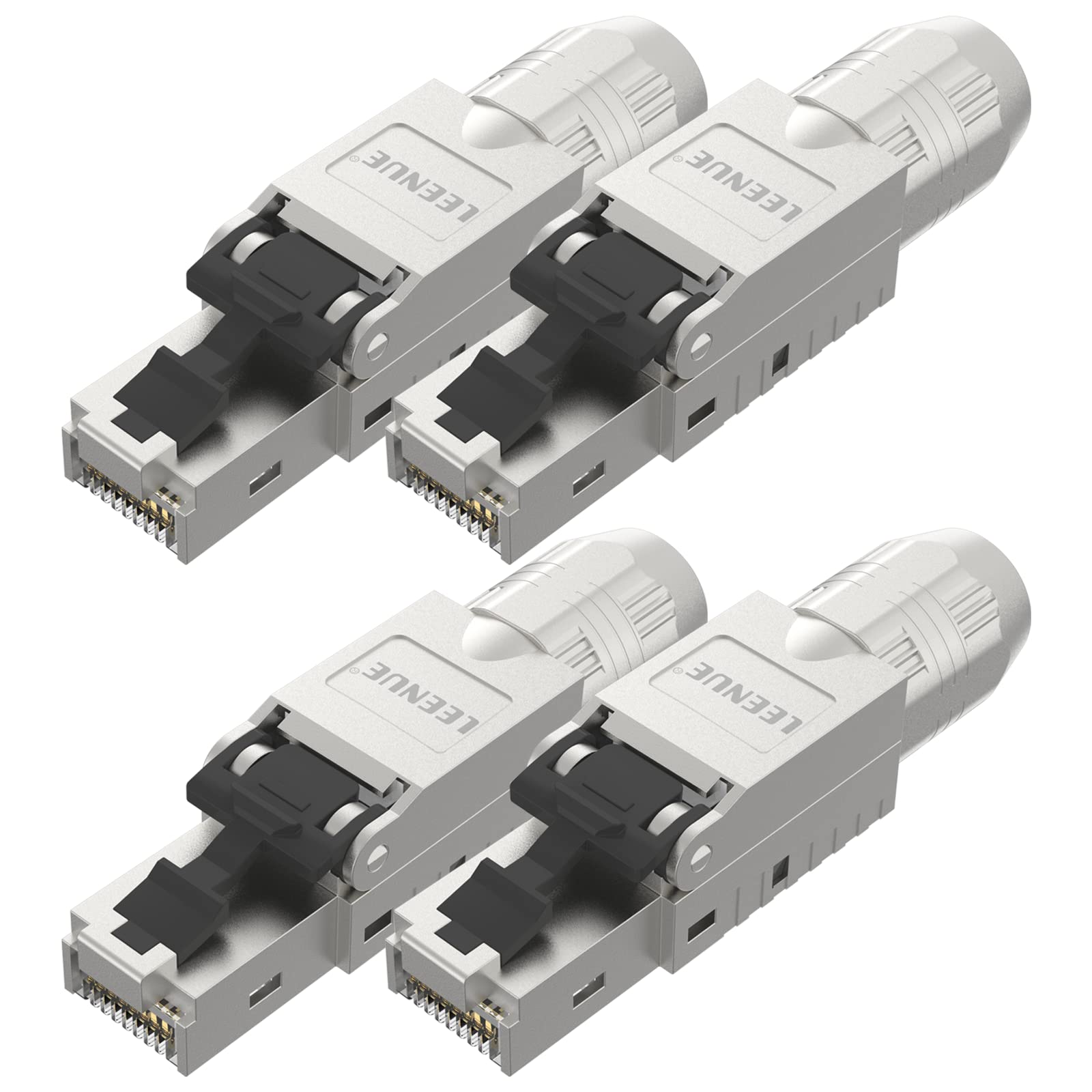 LEENUE Cat7 RJ45 Connector Tool-Free, RJ45 Plug Toolless Reusable Gold-Plated Shielded for Cat7 Cat6A Cat6 Ethernet Cables 10Gbps PoE 4 Pack