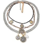 LUREME Vintage Triple-Layer Medal Coin Necklace Set, Gun Black & Gold & Silver Chains with Floral and Pearl Pendants, Heavy Layered Bohemian Jewelry for Women(nl006391)