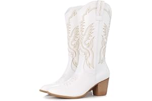 TEMOFON Western Cowboy Boots for Women: Embroidery Mid Calf Pointed Toe Cowgirl Boot for Ladies with Retro Chunky Heel and Side Zipper Country Fashion Shoes