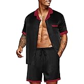 Ekouaer Men Satin Silk Pajamas Set with Pockets Sleepwear Shorts Satin Summer Loungewear 2 Piece Button Down Set S-3XL