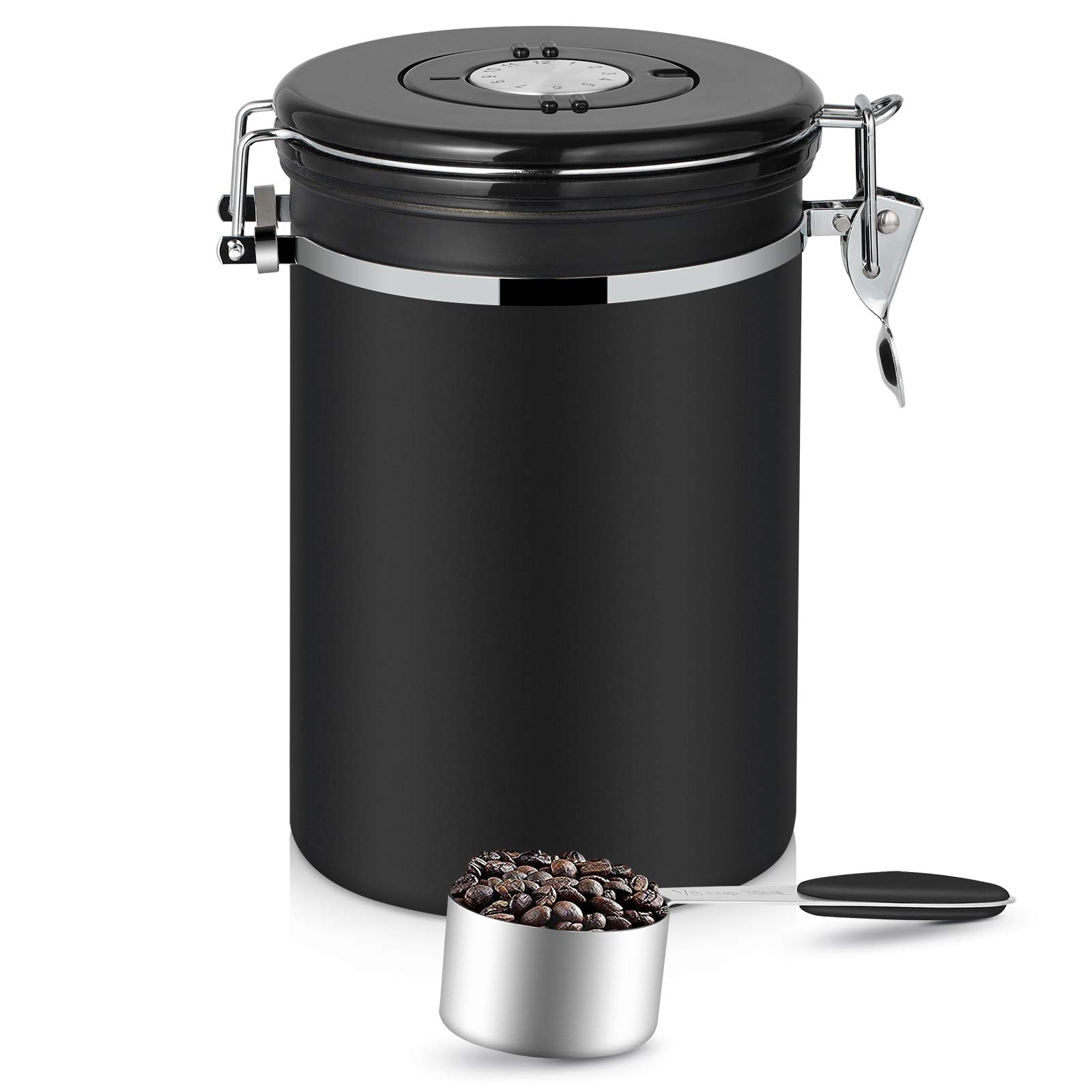 Hossejoy 1800ML Airtight Coffee Canister, Stainless Steel Container with Measuring Scoop, Large Ground Vault Storage Jar with co2 Valve for Coffee Beans, Tea, Nuts and Powders Freshness