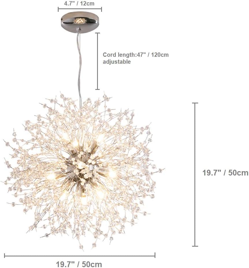 Dellemade Modern Sputnik Chandelier, DD00906N 12-Lights Fireworks Pendant Light, Silver Crystal Ceiling Light Fixture for Bedroom, Living Room, Dining Room - - 