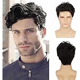 Swiking Mens Short Black Wigs Layered Fluffy Heat Resistant Natural Halloween Cosplay Hair Wig for Male Guy Cosplay Daily Use