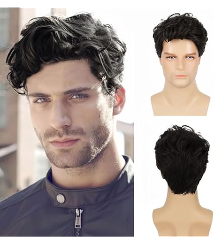 Men's Brown Short Wig – Layered Natural Wavy Synthetic Hair With Bangs