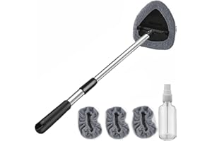 POPDA Windshield Cleaner Tool with Rotating Extendable Handle, 4 Reusable Microfiber Pads, Aluminum Window Cleaning Wand for Car Interior, Auto Glass, RV, Truck, with 30ml Spray Bottle